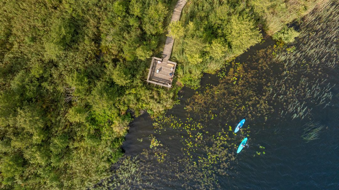 Būšnieku ezers Ventspilī no drona skata, ezerā redzami divi SUP dēļi ar cilvēkiem