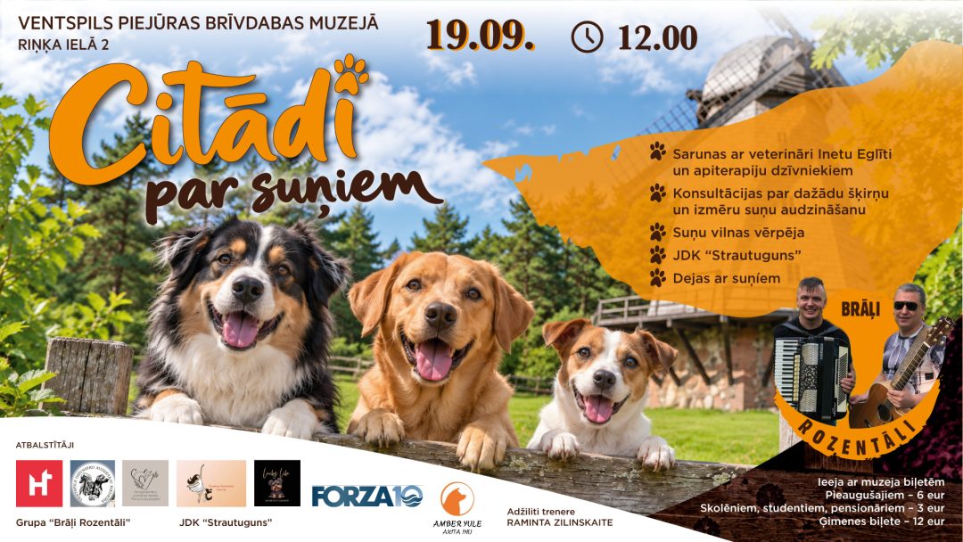 Suņu pasākums Ventspils brīvdabas muzejā ar aktivitātēm un sarunām.