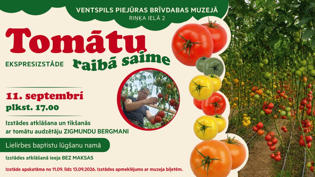 Tomātu izstāde Ventspils muzejā ar dažādu krāsu tomātiem.